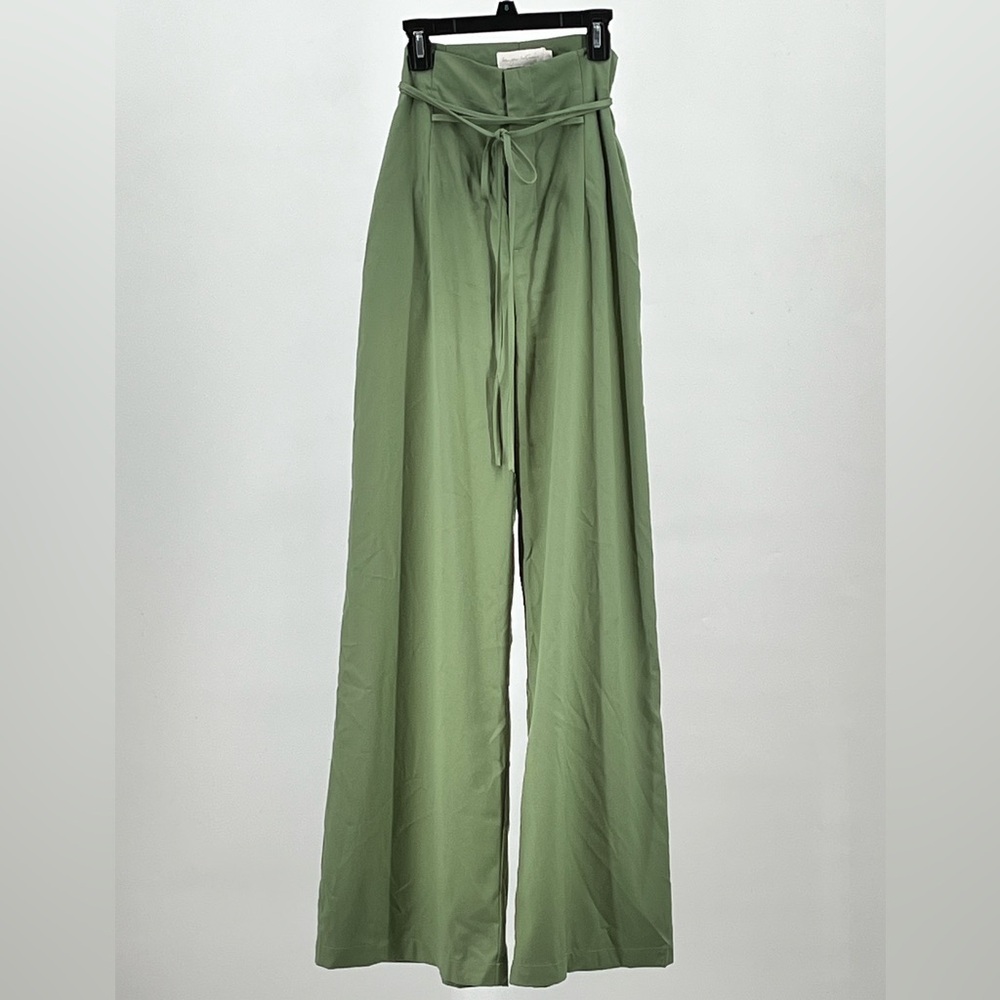 High-Waist Wide Leg Pants with Tie Belt - Olive Green